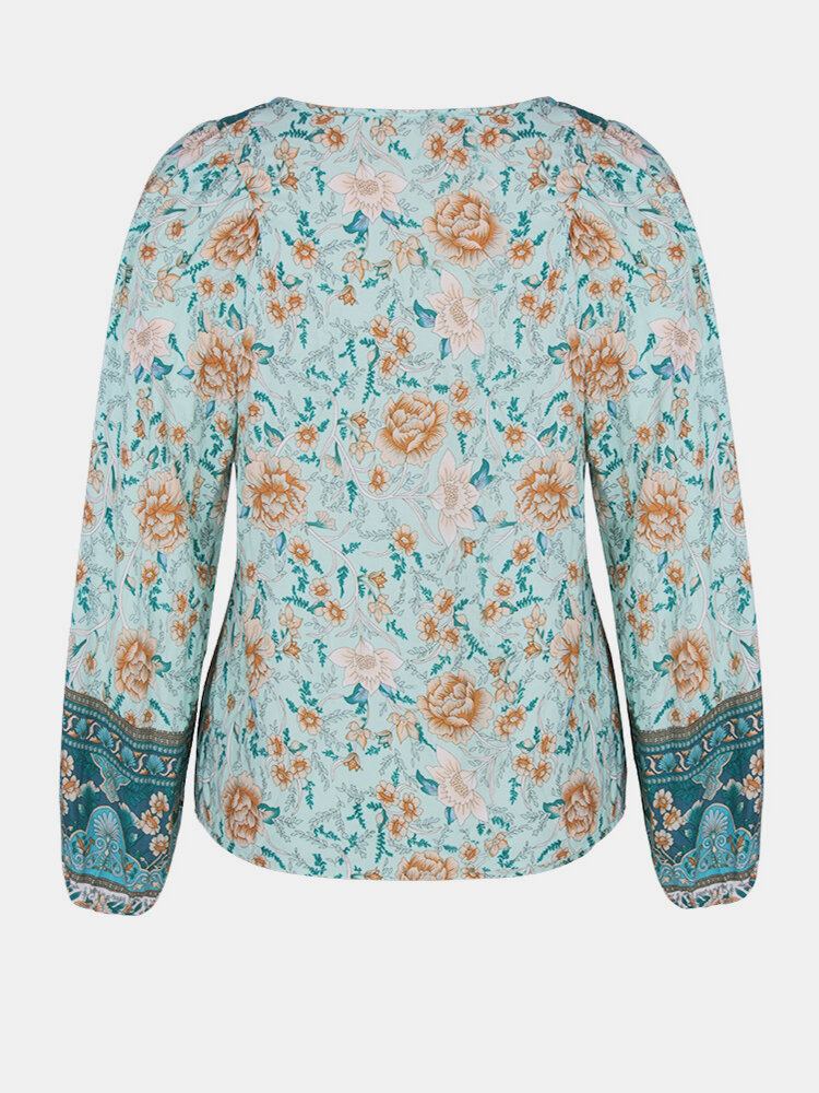 Kvinder Vintage Blomsterprint V-hals Holiday Langærmet Bluse