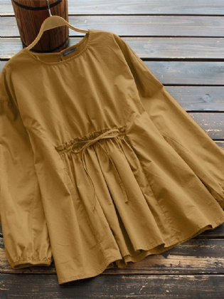 Kvinder Vintage Bomuld Elastisk Talje Trim Snøre-up Ensfarvet Bluse