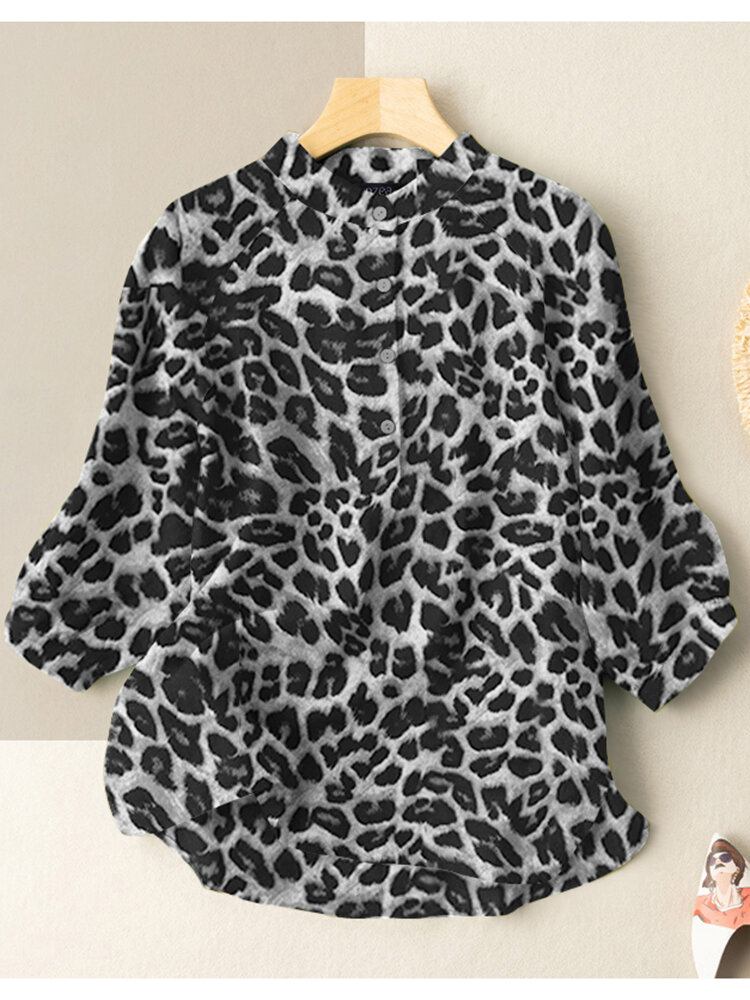 Leopard Print Stativ Krave Knap 3/4 Ærmet Dame Bluse