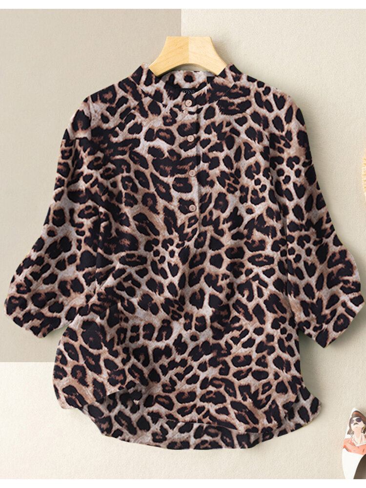 Leopard Print Stativ Krave Knap 3/4 Ærmet Dame Bluse