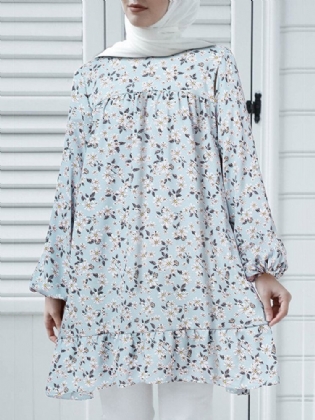 O-hals Blomsterkåbe Kaftan Elastisk Manchet Casual Bluse Til Kvinder