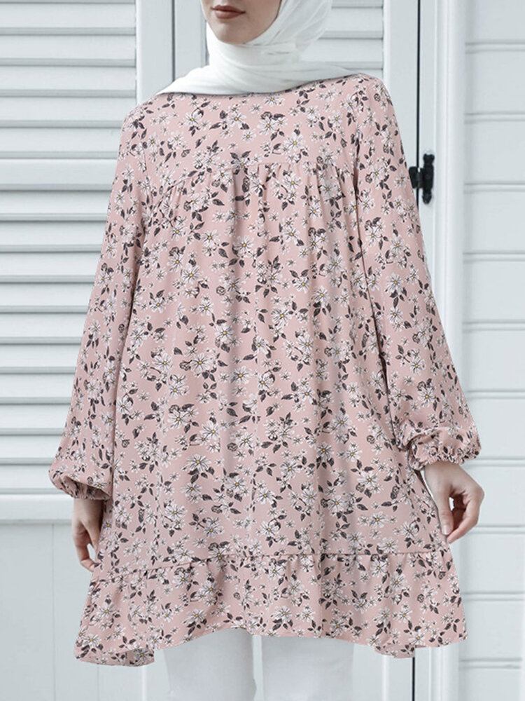 O-hals Blomsterkåbe Kaftan Elastisk Manchet Casual Bluse Til Kvinder