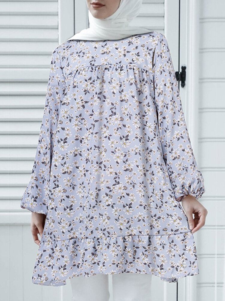 O-hals Blomsterkåbe Kaftan Elastisk Manchet Casual Bluse Til Kvinder