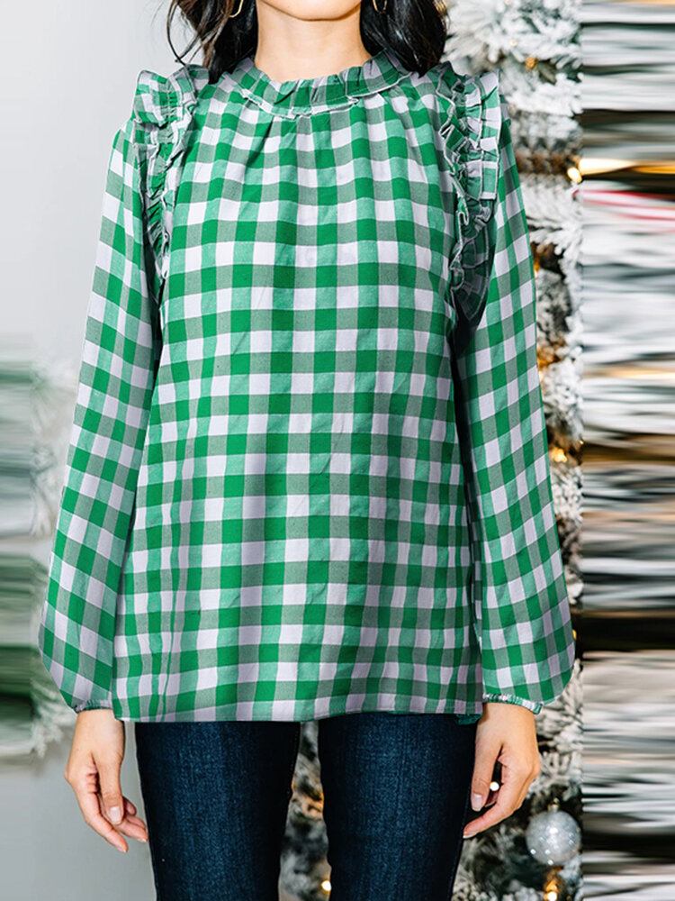 Plaid Langærmet Flæser Casual Bluse Til Kvinder