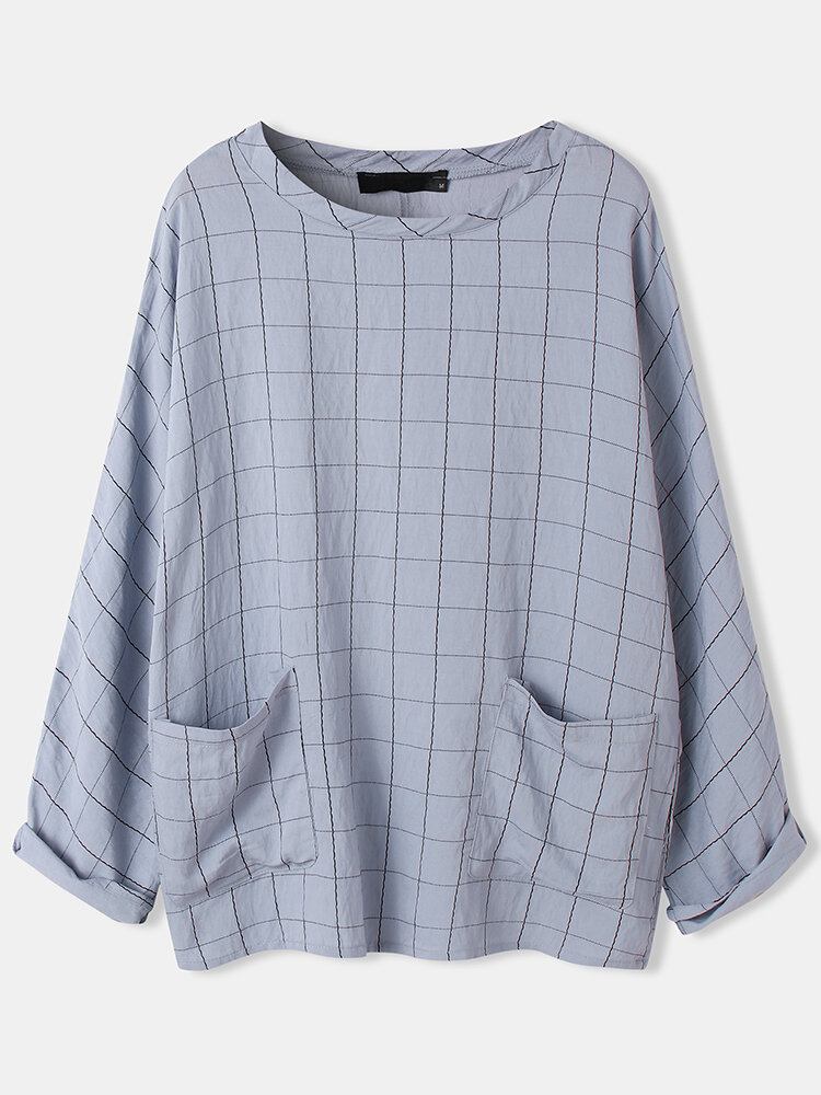 Plaid Langærmet Rund Hals Løs Frontlomme Casual Bluse Til Kvinder