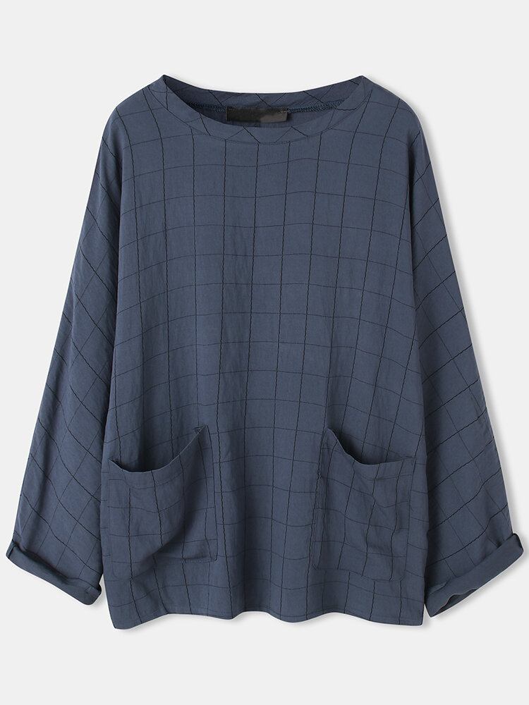 Plaid Langærmet Rund Hals Løs Frontlomme Casual Bluse Til Kvinder