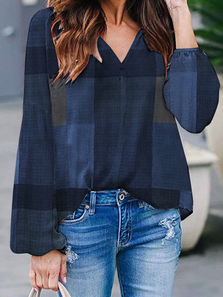 Plaid Print V-hals Langærmet Casual Løs Bluse