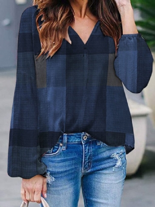 Plaid Print V-hals Langærmet Casual Løs Bluse