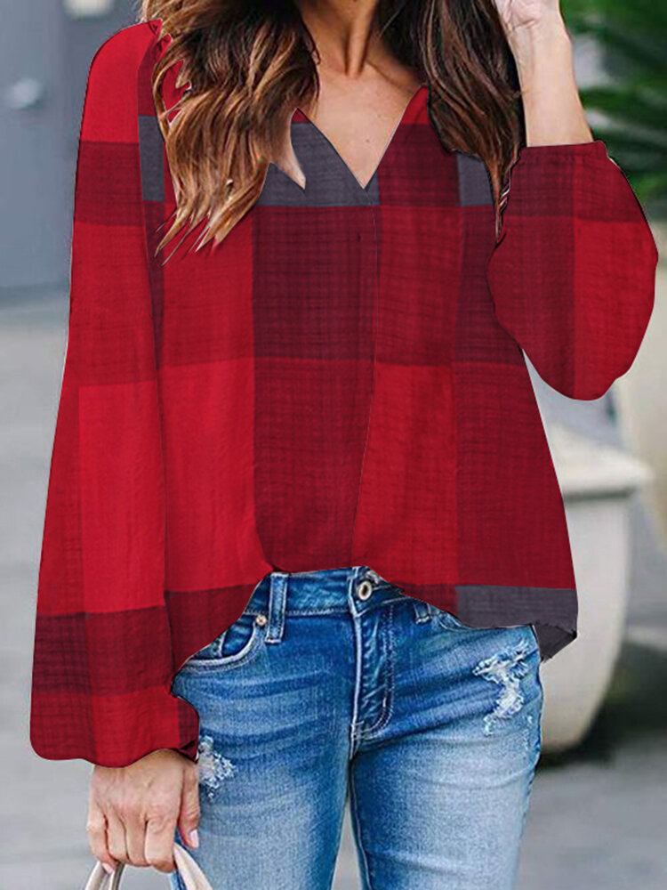 Plaid Print V-hals Langærmet Casual Løs Bluse