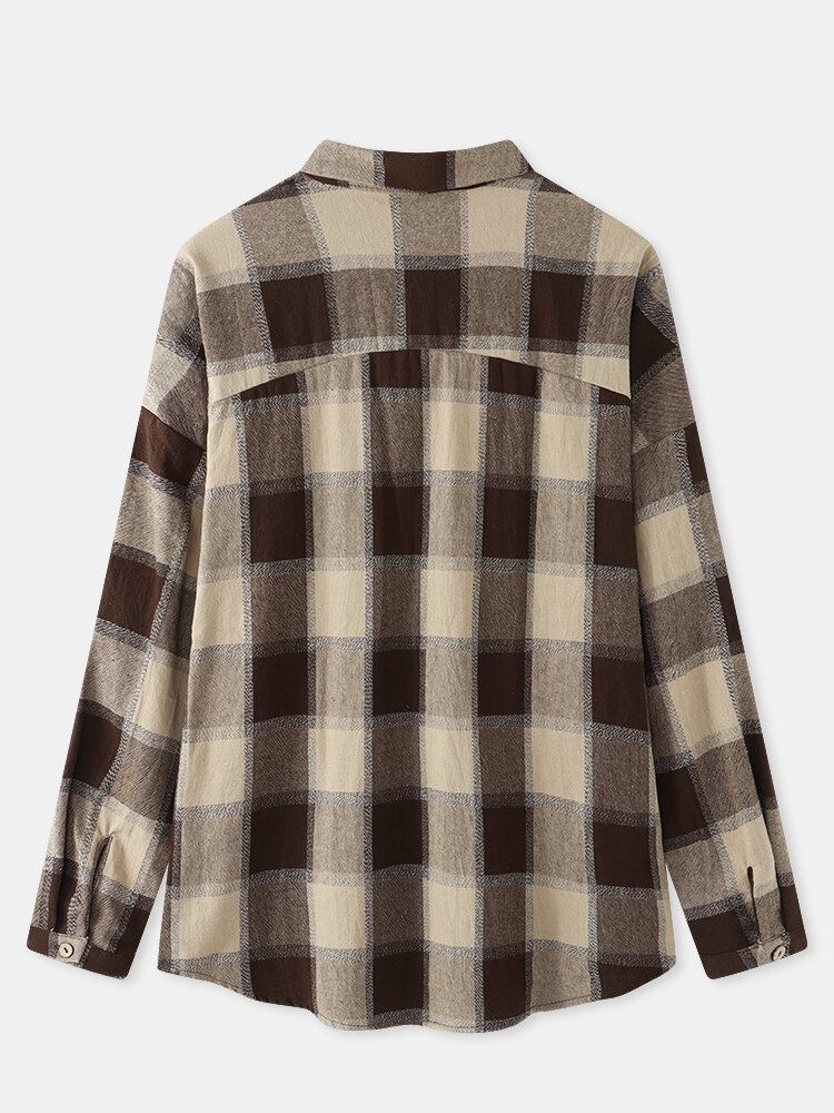 Plaidprint Vintage Knap Løs Reverskrave Langærmet Afslappet Bluse Til Kvinder