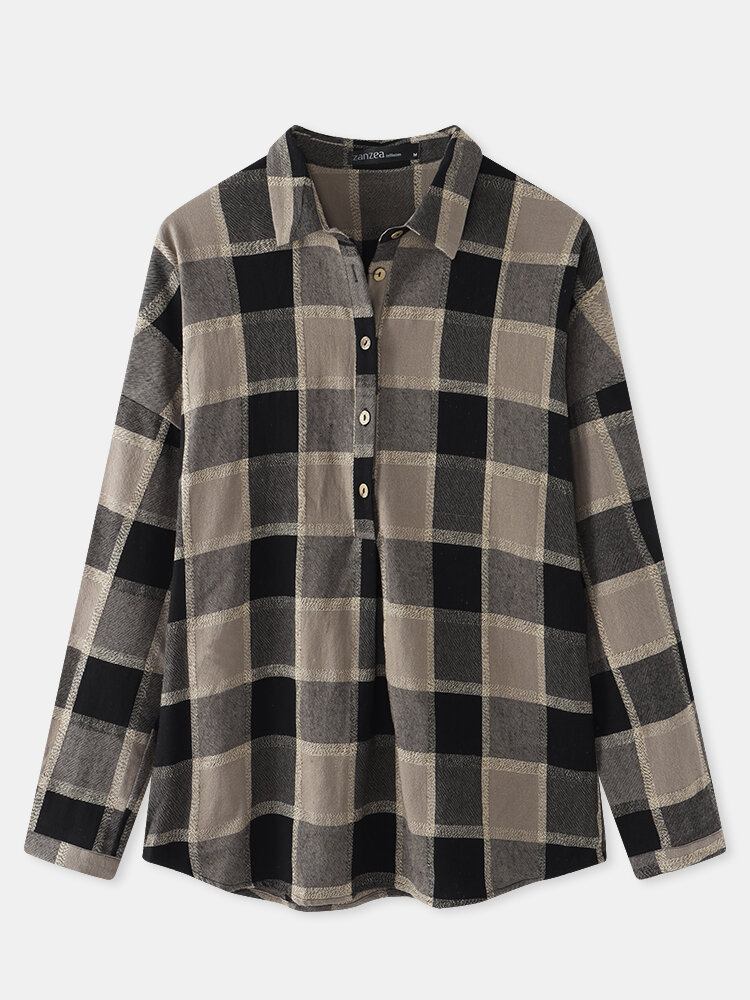 Plaidprint Vintage Knap Løs Reverskrave Langærmet Afslappet Bluse Til Kvinder