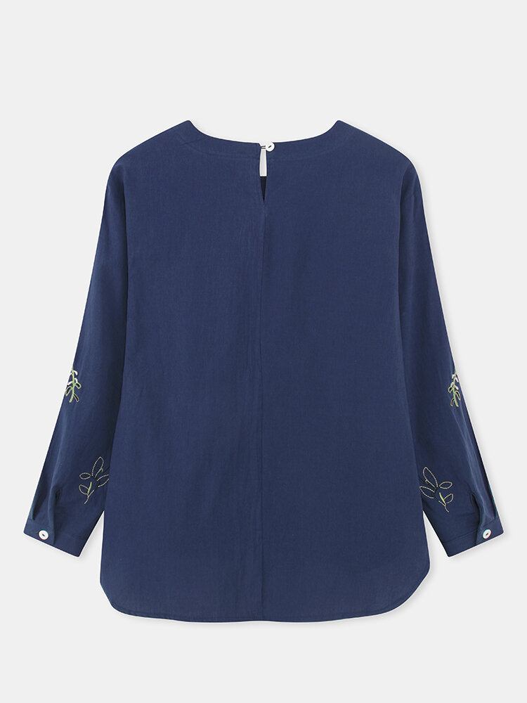 Plantetryk Broderi Split Hem Bomuld Langærmet Casual Bluse