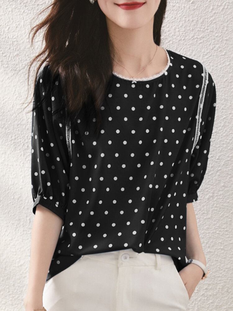 Polka Dot Lace Patchwork Rundhals Halværmet Casual Bluse