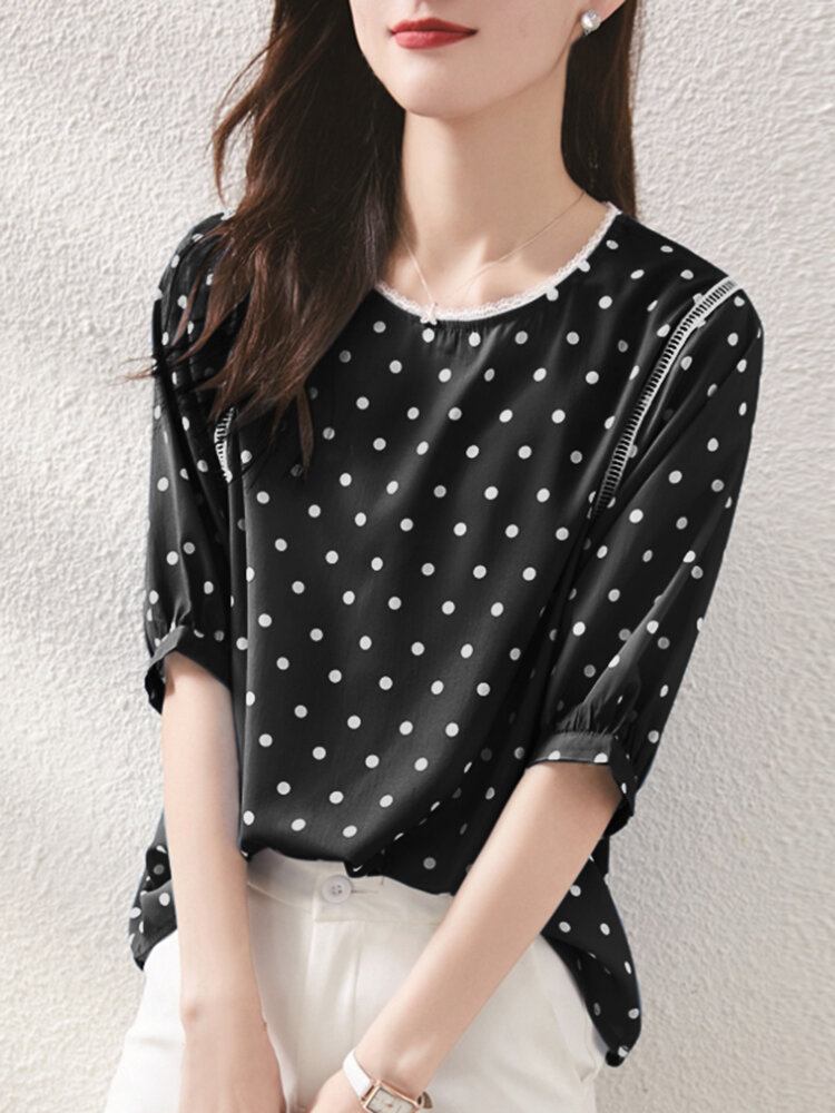 Polka Dot Lace Patchwork Rundhals Halværmet Casual Bluse