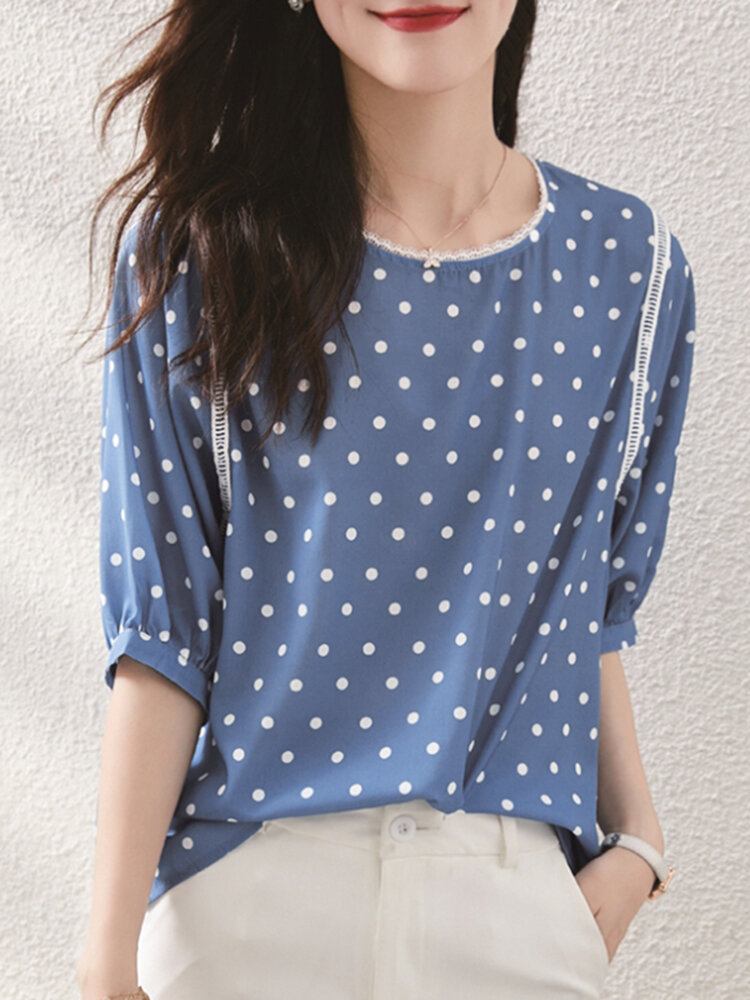 Polka Dot Lace Patchwork Rundhals Halværmet Casual Bluse