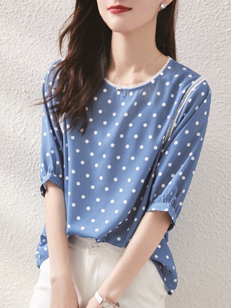 Polka Dot Lace Patchwork Rundhals Halværmet Casual Bluse