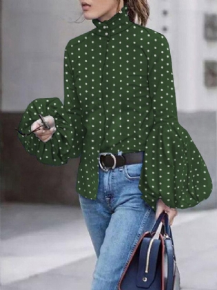 Polka Dot Print Stand Collar Casual Lanterneærmer Skjorter Til Kvinder