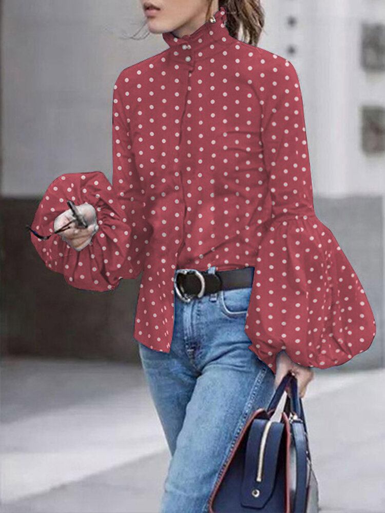 Polka Dot Print Stand Collar Casual Lanterneærmer Skjorter Til Kvinder