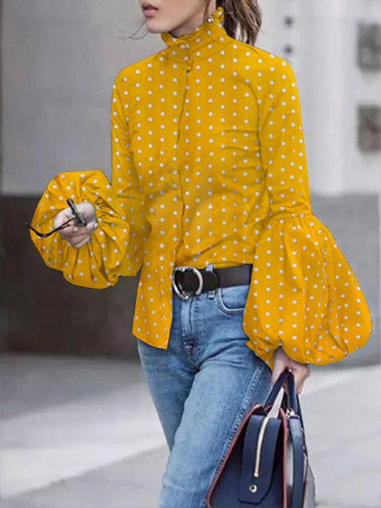 Polka Dot Print Stand Collar Casual Lanterneærmer Skjorter Til Kvinder