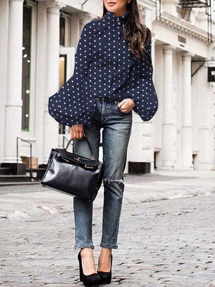 Polka Dot Print Stand Collar Casual Lanterneærmer Skjorter Til Kvinder