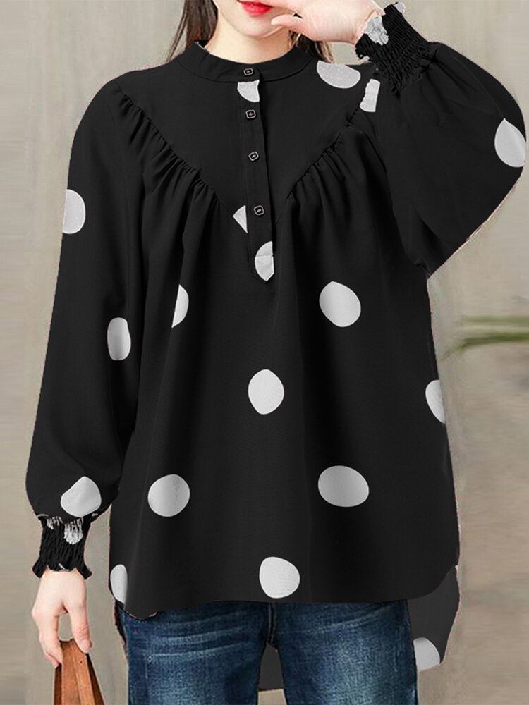 Polka Dot Ruched Button Lantern Sleeve Stand Collar Bluse