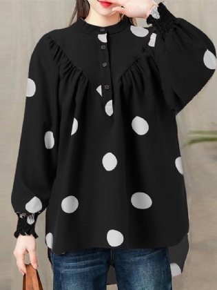 Polka Dot Ruched Button Lantern Sleeve Stand Collar Bluse