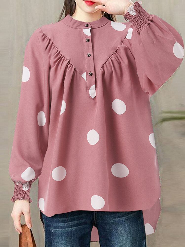 Polka Dot Ruched Button Lantern Sleeve Stand Collar Bluse