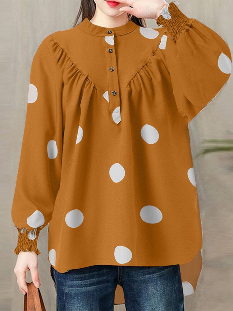 Polka Dot Ruched Button Lantern Sleeve Stand Collar Bluse