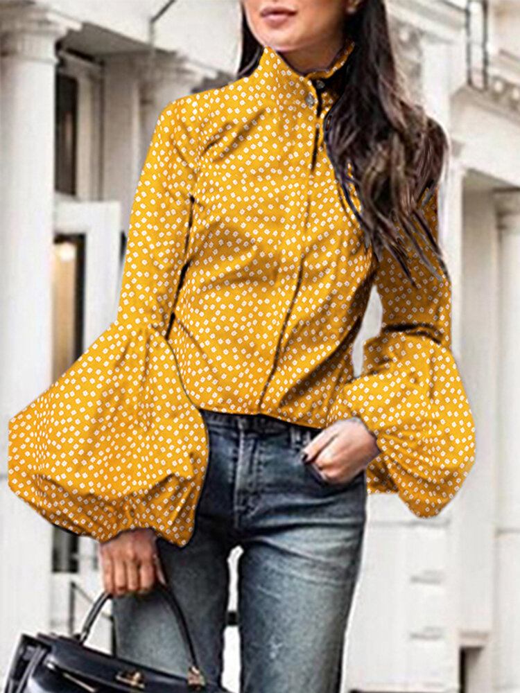 Polka Dot Stand Collar Lantern Sleeve Casual Skjorter Til Kvinder