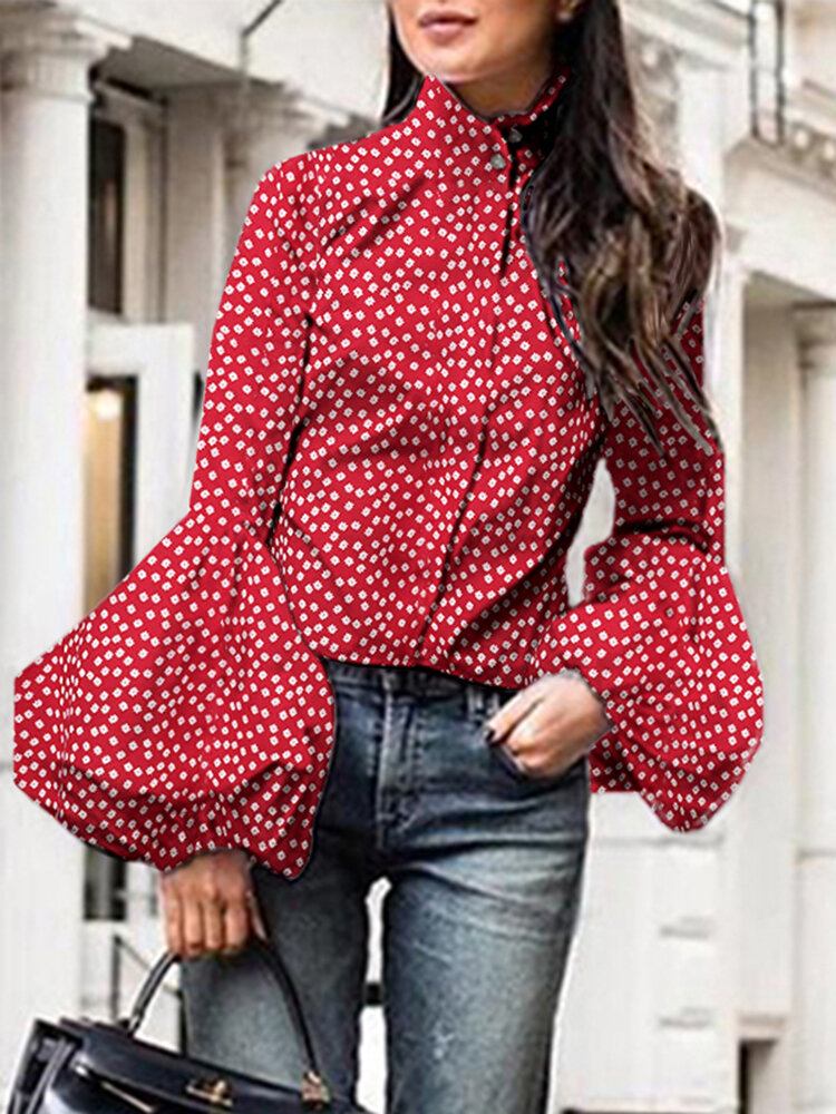 Polka Dot Stand Collar Lantern Sleeve Casual Skjorter Til Kvinder