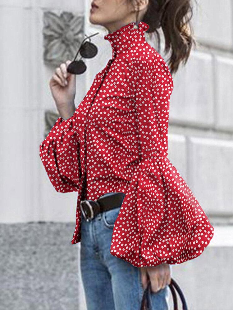 Polka Dot Stand Collar Lantern Sleeve Casual Skjorter Til Kvinder