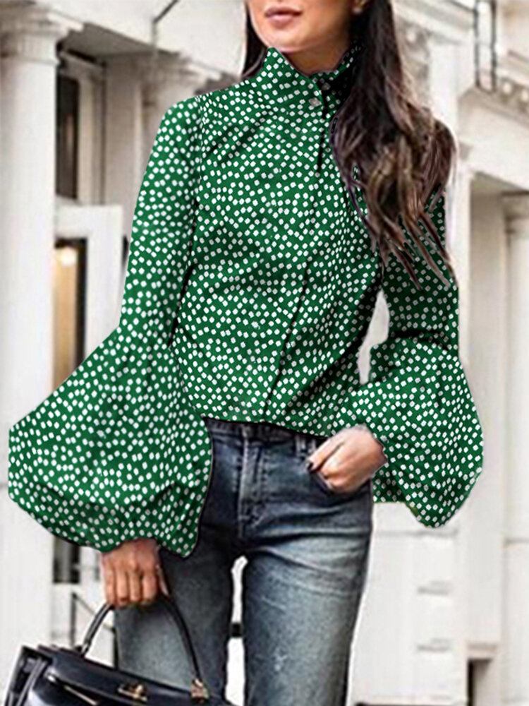 Polka Dot Stand Collar Lantern Sleeve Casual Skjorter Til Kvinder