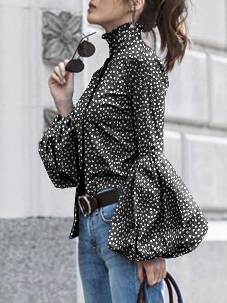 Polka Dot Stand Collar Lantern Sleeve Casual Skjorter Til Kvinder