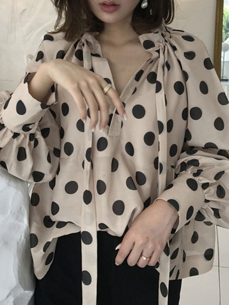 Polka Dots Printing Lanterne Ærmer Halsudskæring Sløjfe Casual Bluse Til Kvinder