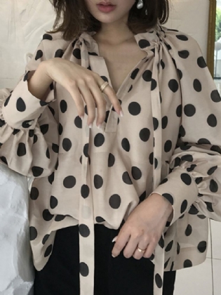 Polka Dots Printing Lanterne Ærmer Halsudskæring Sløjfe Casual Bluse Til Kvinder