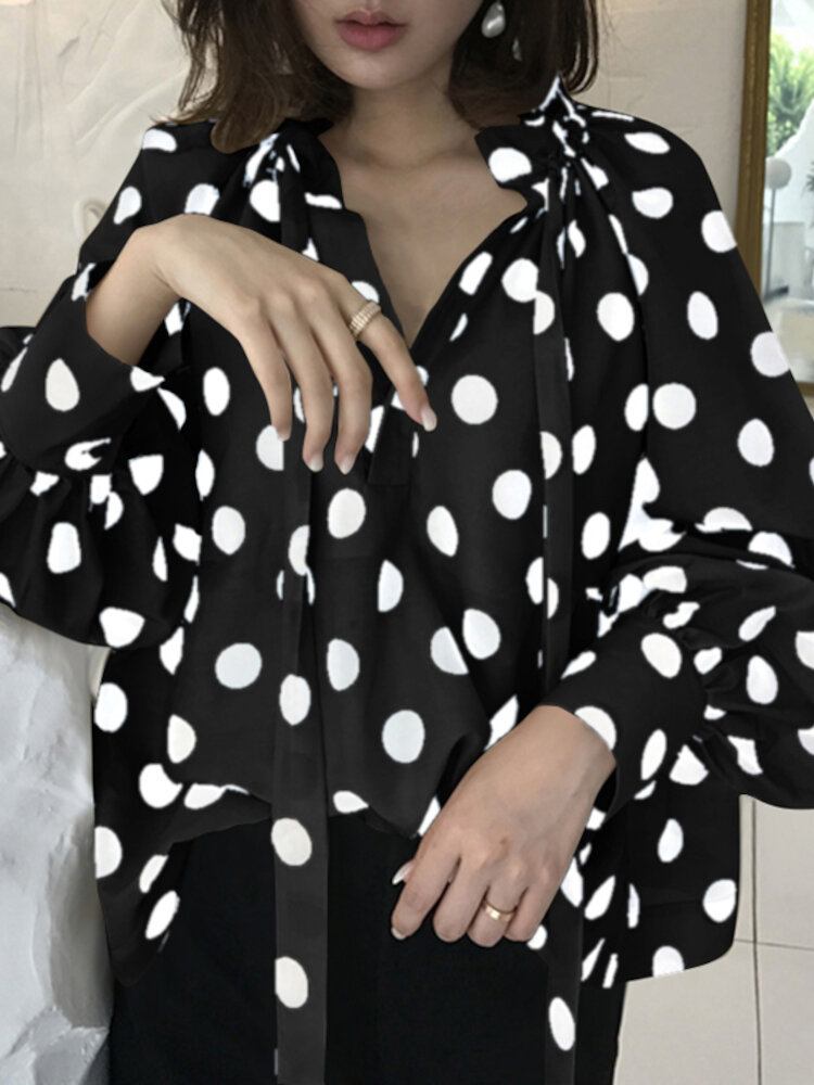 Polka Dots Printing Lanterne Ærmer Halsudskæring Sløjfe Casual Bluse Til Kvinder