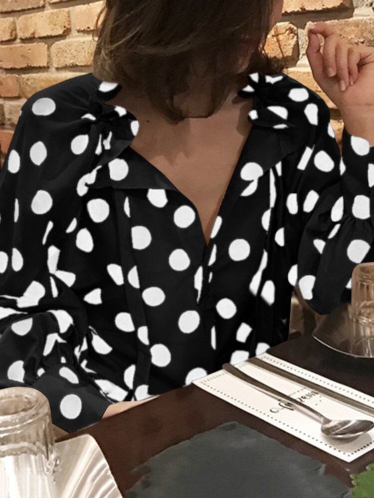 Polka Dots Printing Lanterne Ærmer Halsudskæring Sløjfe Casual Bluse Til Kvinder