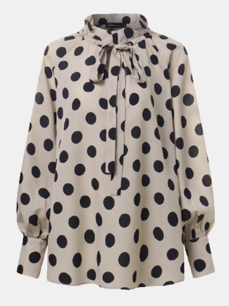 Polka Dots Printing Lanterne Ærmer Halsudskæring Sløjfe Casual Bluse Til Kvinder