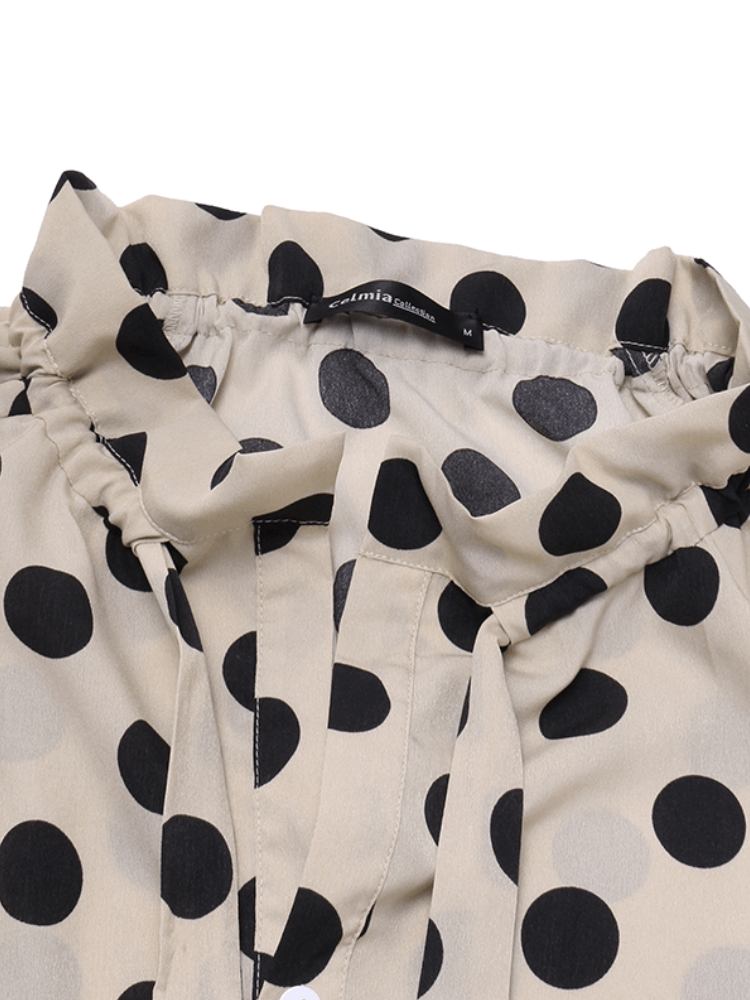 Polka Dots Printing Lanterne Ærmer Halsudskæring Sløjfe Casual Bluse Til Kvinder