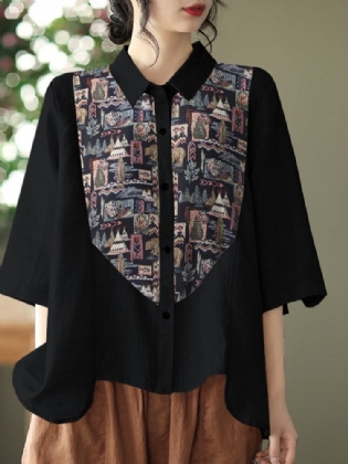 Print Patchwork Button Ruched Lapel Casual Skjorte