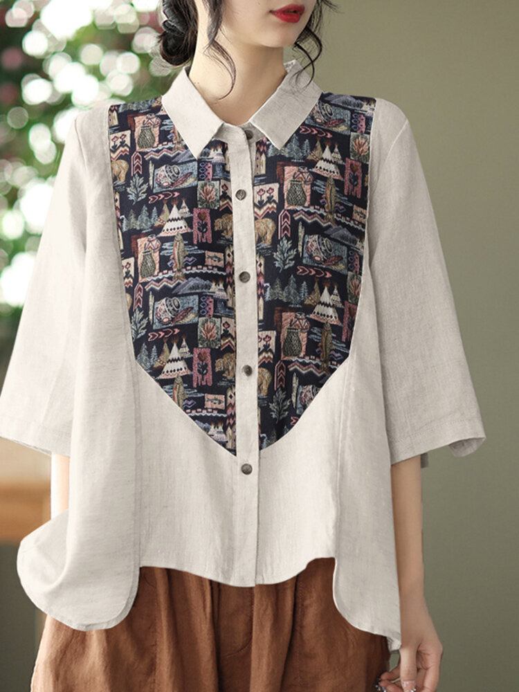 Print Patchwork Button Ruched Lapel Casual Skjorte