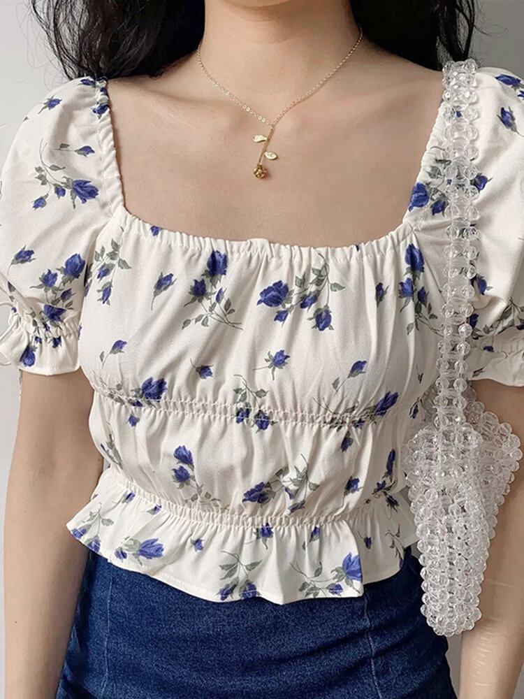 Puff Sleeve Casual Floral Sommerbluse Til Kvinder