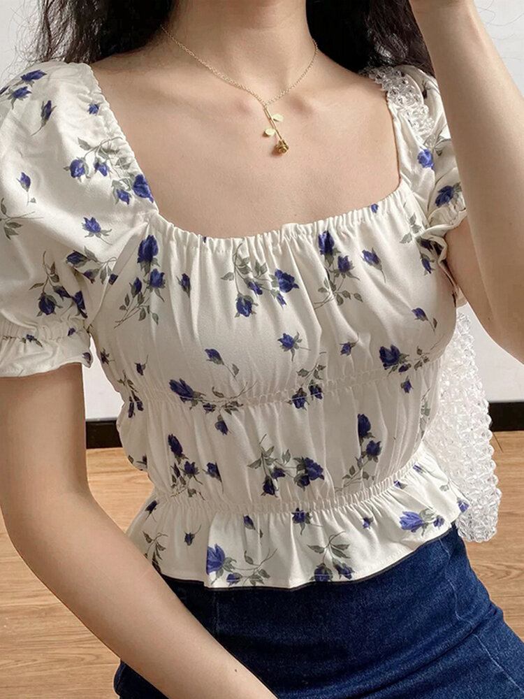 Puff Sleeve Casual Floral Sommerbluse Til Kvinder