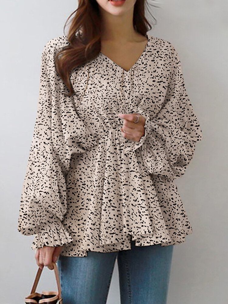 Puff Sleeve Solid Bohemian Casual Leopard Printet Bluse