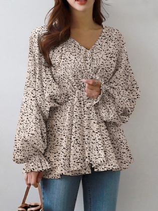 Puff Sleeve Solid Bohemian Casual Leopard Printet Bluse