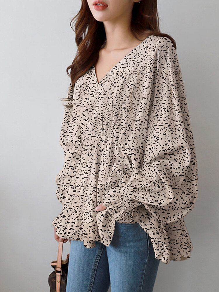 Puff Sleeve Solid Bohemian Casual Leopard Printet Bluse