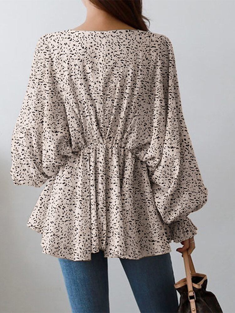 Puff Sleeve Solid Bohemian Casual Leopard Printet Bluse