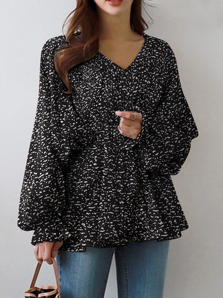 Puff Sleeve Solid Bohemian Casual Leopard Printet Bluse