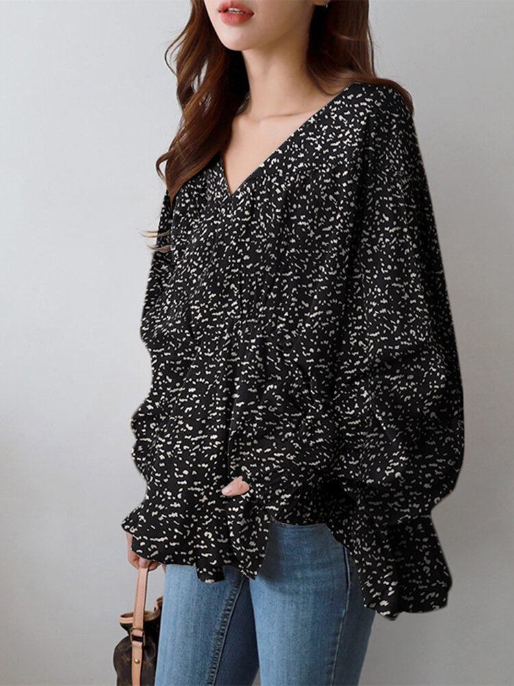 Puff Sleeve Solid Bohemian Casual Leopard Printet Bluse