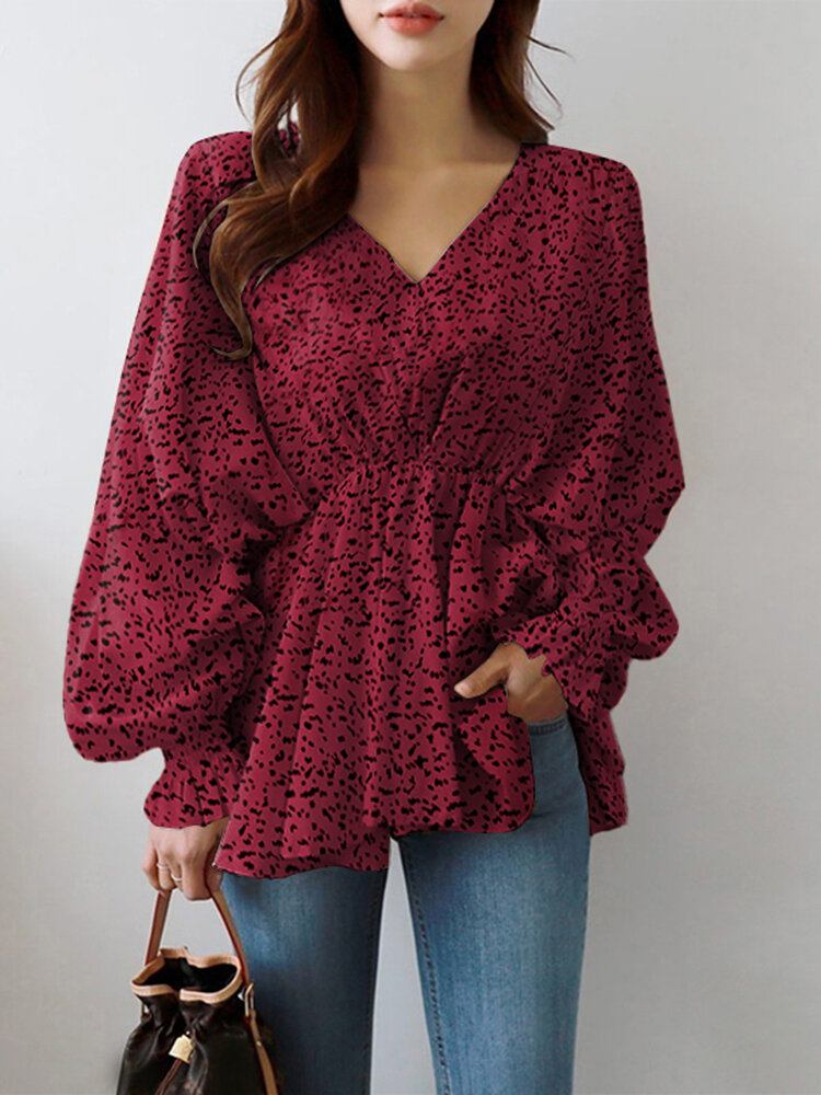 Puff Sleeve Solid Bohemian Casual Leopard Printet Bluse